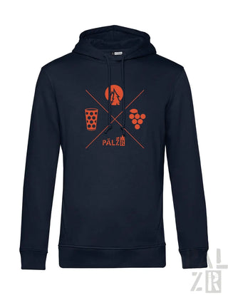 Marineblaue Kapuzenjacke mit weinthematischem Design, das ein Glas Rotwein, Trauben und das Wort ‚palz‘ in Orange zeigt.