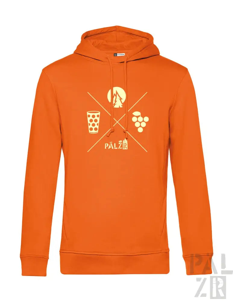 Orange Kapuzenpullover mit Grafikdesign, das ein Bierglas, Trauben und eine Weinflasche zeigt