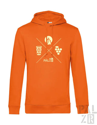 Orange Kapuzenpullover mit Grafikdesign, das ein Bierglas, Trauben und eine Weinflasche zeigt