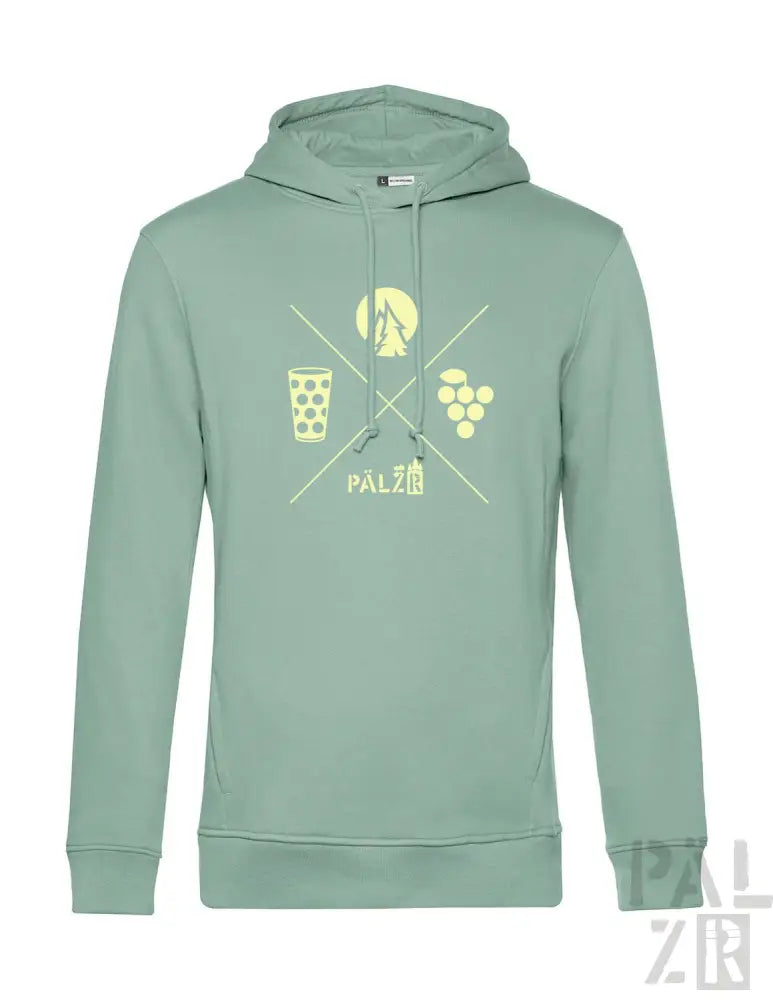 Minzgrüner Hoodie mit Grafikdesign, das ein Weinglas, Trauben und das Wort ’palzir’ in Weiß zeigt.