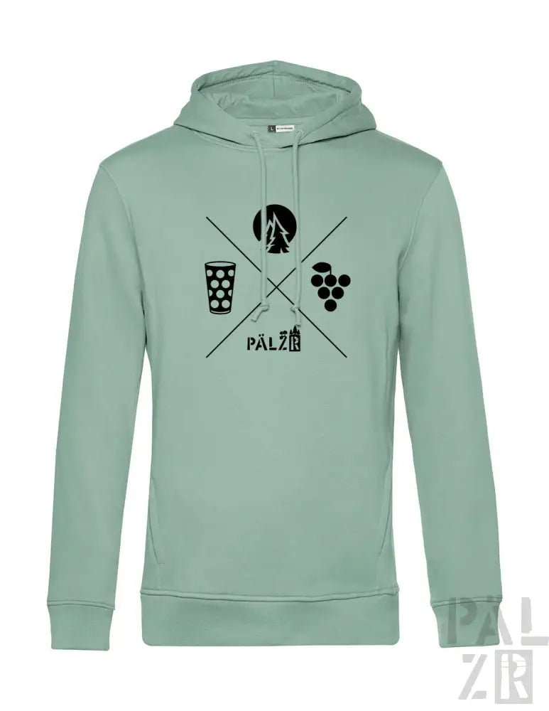 Minzgrüner Hoodie mit schwarzem Grafikdesign, das ein Bierglas, Weintrauben und ein stilisiertes Logo zeigt.