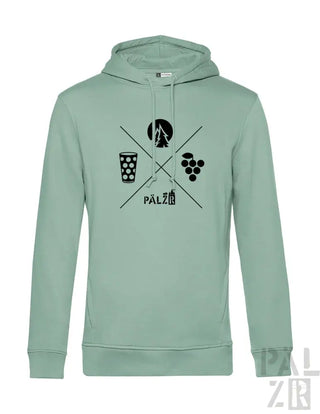 Minzgrüner Hoodie mit schwarzem Grafikdesign, das ein Bierglas, Weintrauben und ein stilisiertes Logo zeigt.