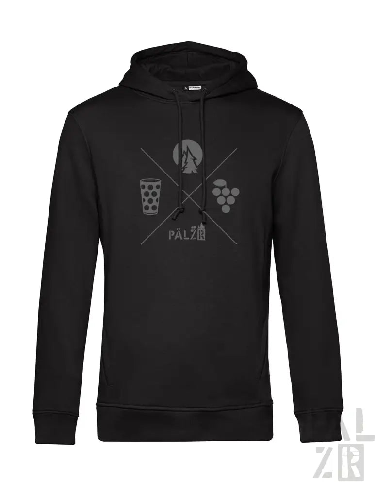 Schwarze Hoodie mit Grafikdesign mit Bierglas, Trauben und Weinflasche