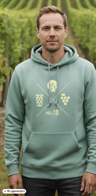 Männer hoodie in hellgrün mit fronttasche und weißem grafikdesign mit trauben glas baum und pälz schriftzug