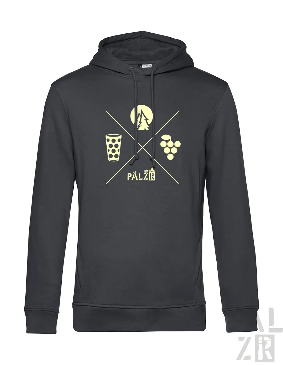 Dunkelgrauer männer hoodie mit gelbem grafikdesign aus kreuzenden linien, bergsilhouette, bierglas und trauben