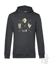 Dunkelgrauer männer hoodie mit gelbem grafikdesign aus kreuzenden linien, bergsilhouette, bierglas und trauben