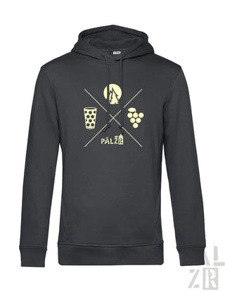 Dunkelgrauer männer hoodie mit gelbem grafikdesign aus kreuzenden linien, bergsilhouette, bierglas und trauben