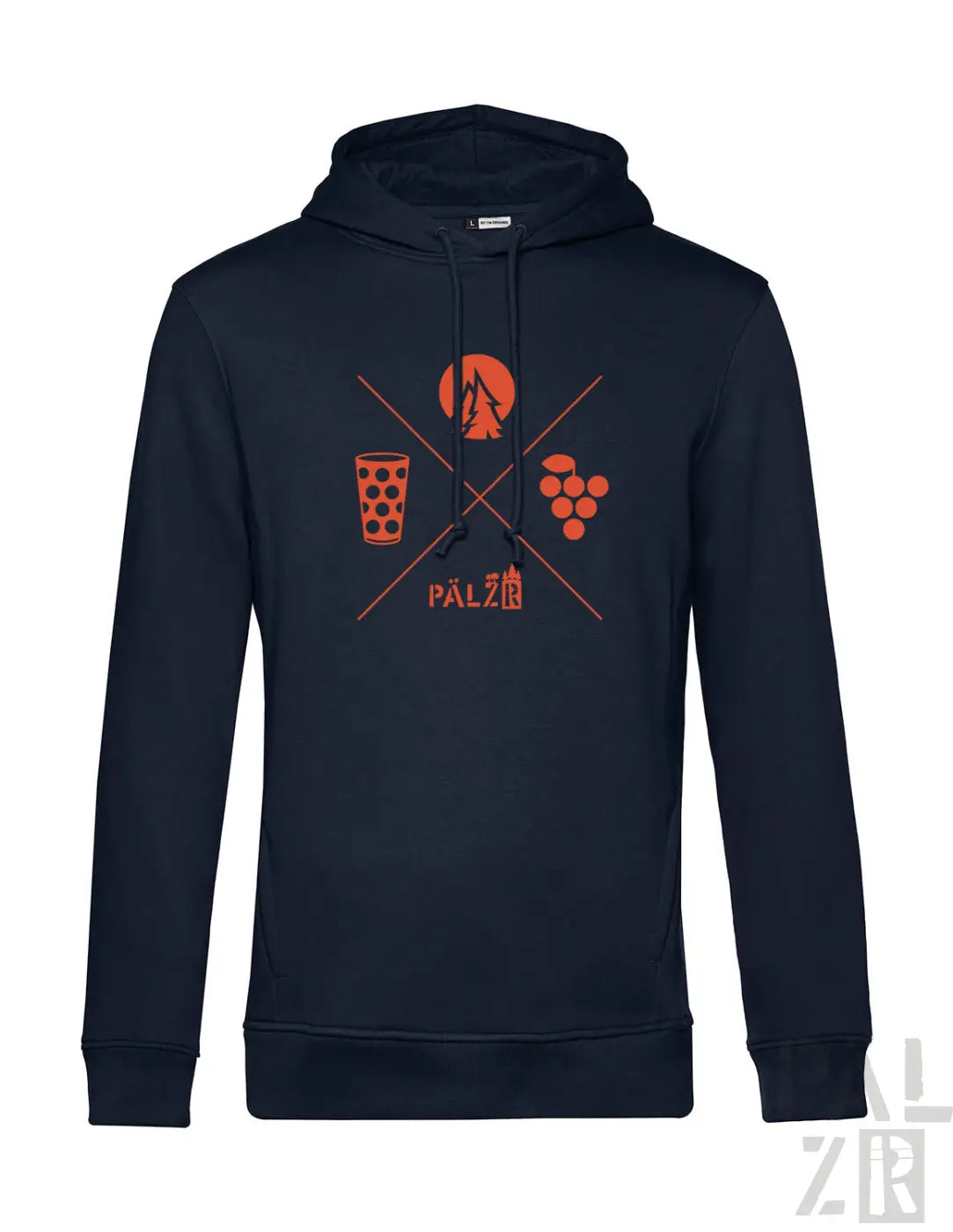 Männer hoodie in navy blau mit orangefarbener grafik aus berg bierglas trauben und herz wald und woi design