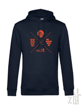 Männer hoodie in navy blau mit orangefarbener grafik aus berg bierglas trauben und herz wald und woi design