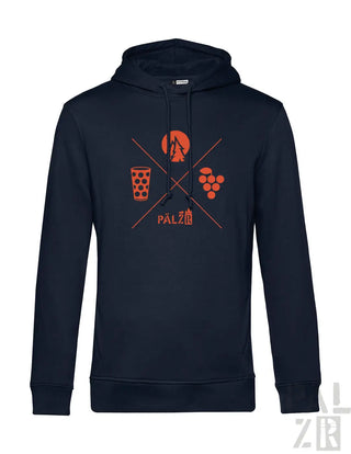 Männer hoodie in navy blau mit orangefarbener grafik aus berg bierglas trauben und herz wald und woi design
