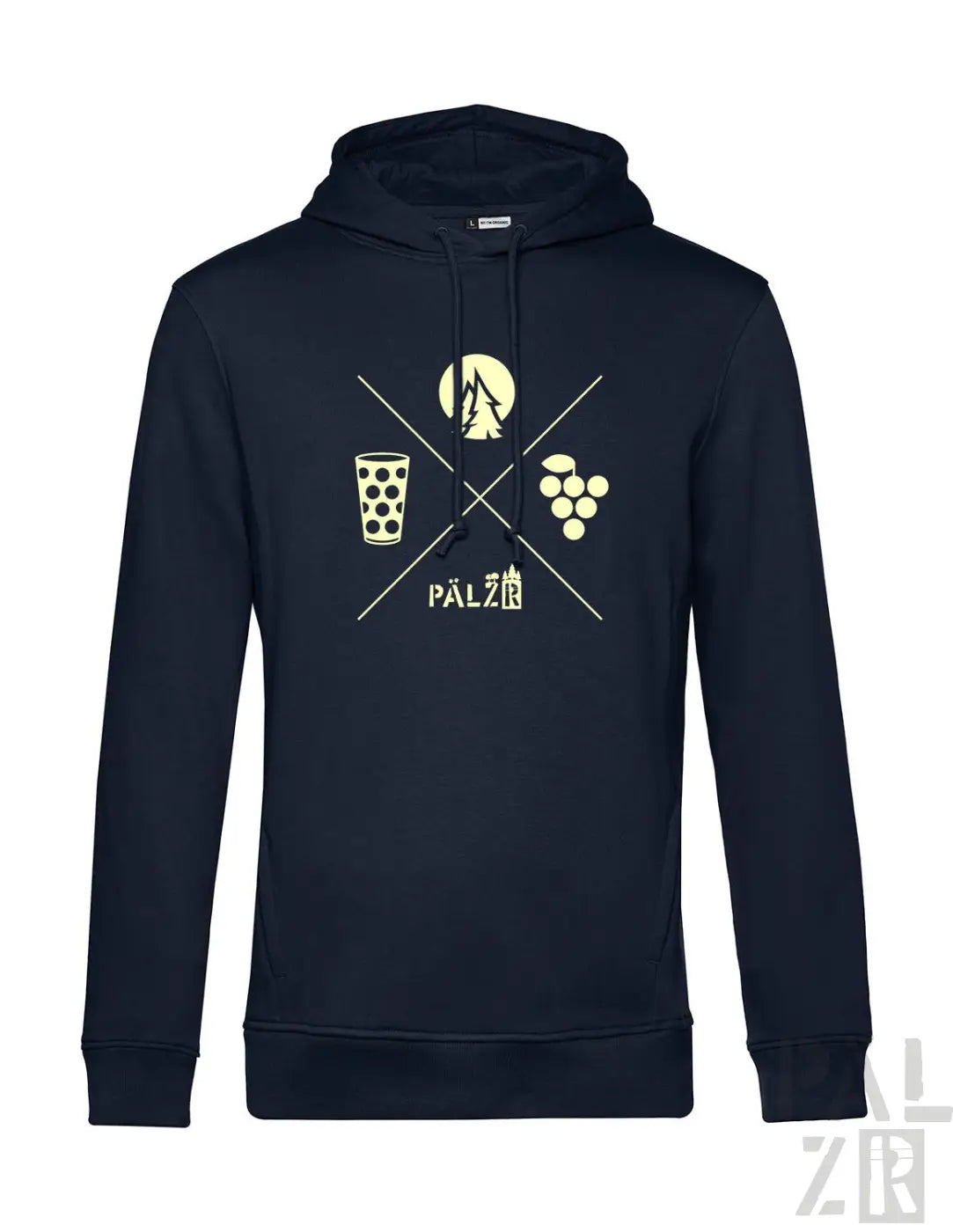 Männer hoodie in dunkelnavy mit cremefarbener grafik von kreuzenden linien und symbolen für bier trauben und berge und dem wort pälzer