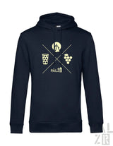 Männer hoodie in dunkelnavy mit cremefarbener grafik von kreuzenden linien und symbolen für bier trauben und berge und dem wort pälzer