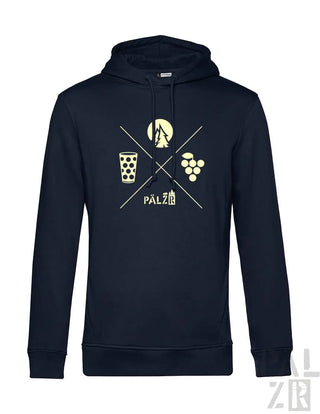 Männer hoodie in dunkelnavy mit cremefarbener grafik von kreuzenden linien und symbolen für bier trauben und berge und dem wort pälzer