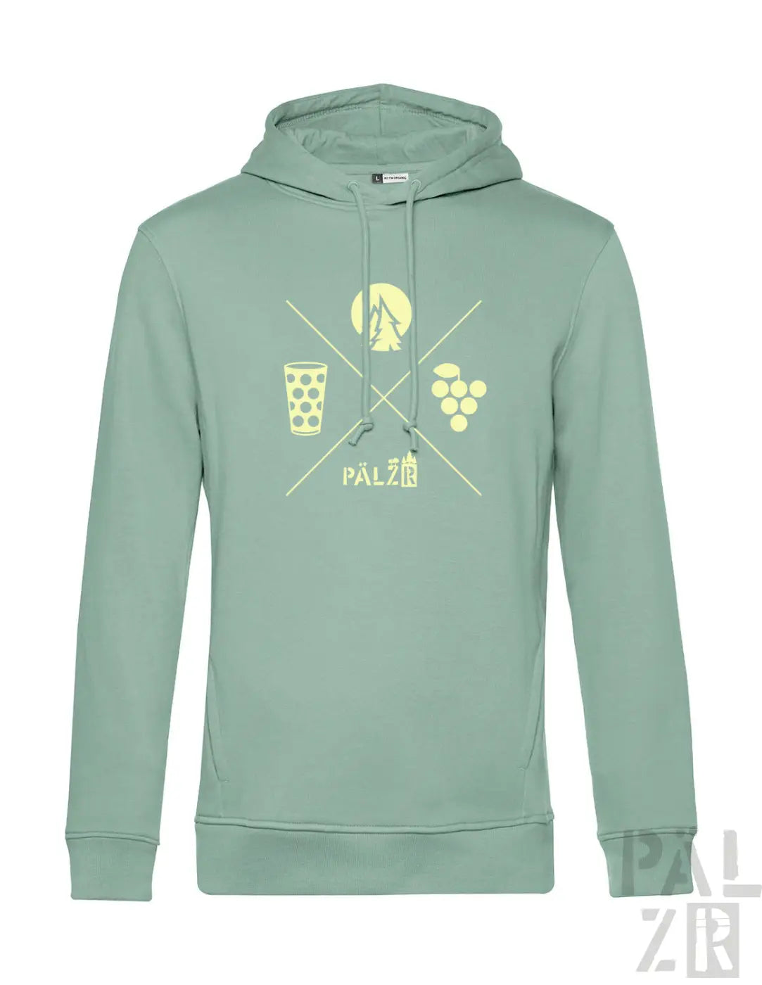 Mintgrüner männer hoodie mit gelbem grafikdesign wald und woi mit weintrauben glas und pälz schriftzug