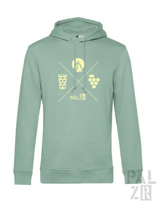 Mintgrüner männer hoodie mit gelbem grafikdesign wald und woi mit weintrauben glas und pälz schriftzug