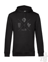 Schwarzer männer hoodie mit grauem wald und woi grafikdesign, bierglas trauben und bergmotiv mit diagonalen linien