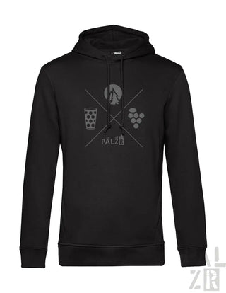 Schwarzer männer hoodie mit grauem wald und woi grafikdesign, bierglas trauben und bergmotiv mit diagonalen linien