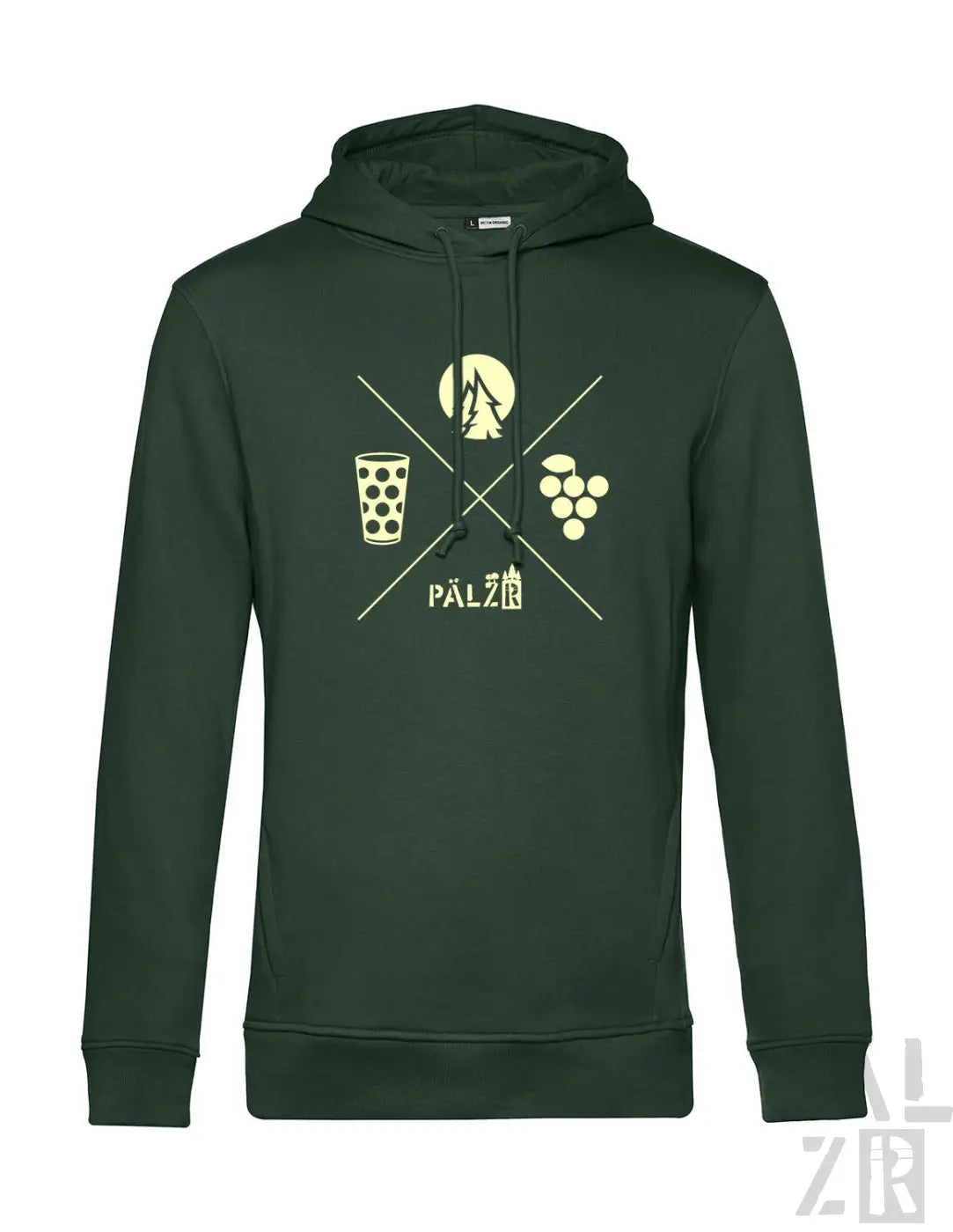 Männer hoodie dunkelgrün mit hellgelbem wald und woi motiv kreuzlinien berg bierglas trauben pälzer text