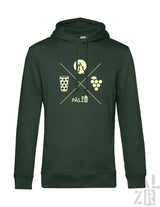 Männer hoodie dunkelgrün mit hellgelbem wald und woi motiv kreuzlinien berg bierglas trauben pälzer text