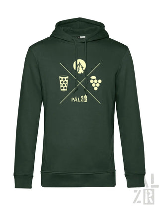 Männer hoodie dunkelgrün mit hellgelbem wald und woi motiv kreuzlinien berg bierglas trauben pälzer text