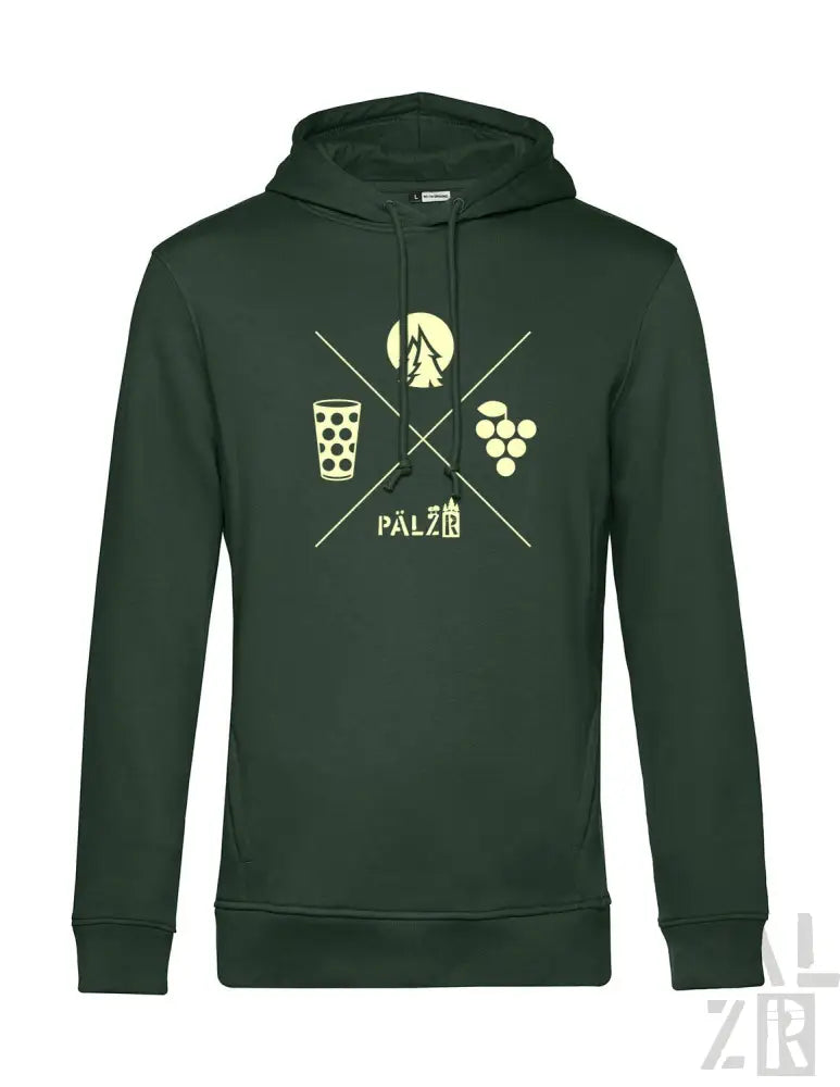 Grüner Hoodie mit Bierglas- und Trauben-Design, Material unbekannt, aber wahrscheinlich Baumwoll- oder Polyestermischung.