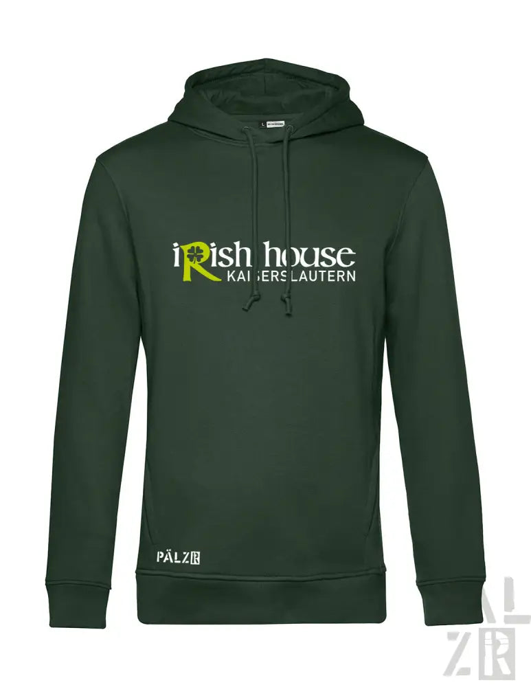 Grüner Hoodie mit „irish house’-Logo und Kordelzug-Kapuze, aus Fleece-Material gefertigt.