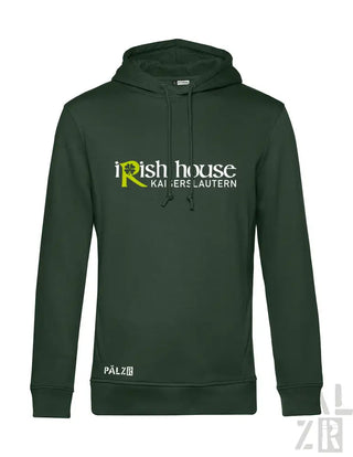 Grüner Hoodie mit „irish house’-Logo und Kordelzug-Kapuze, aus Fleece-Material gefertigt.