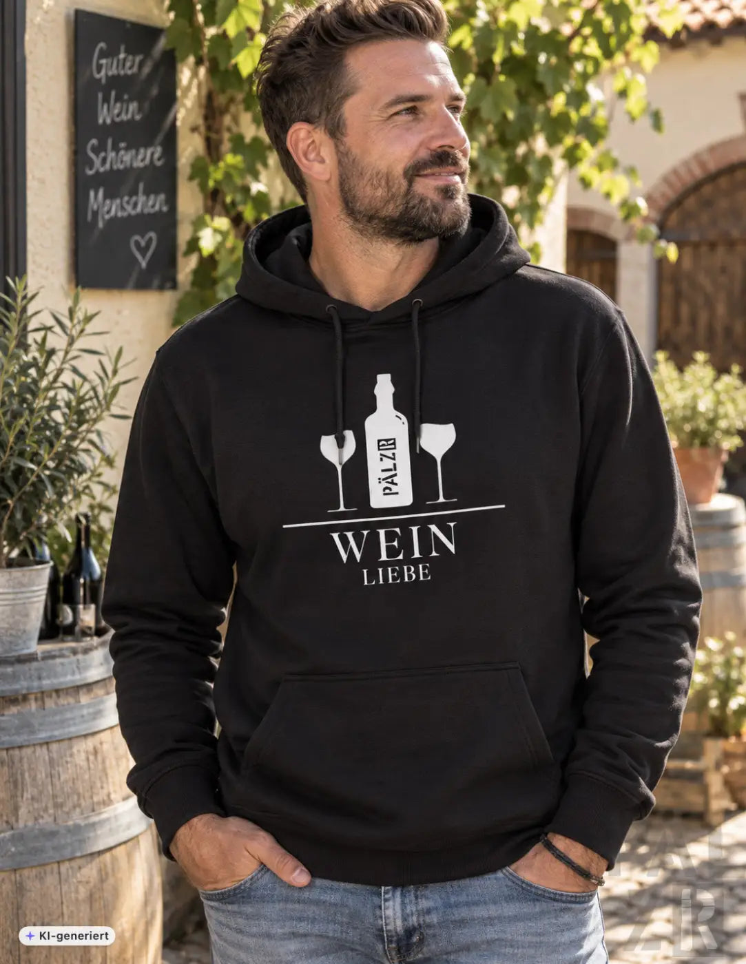 Schwarzer männer hoodie mit weißem weinflasche und zwei gläser grafikdesign und wein liebe aufdruck