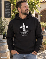 Schwarzer männer hoodie mit weißem weinflasche und zwei gläser grafikdesign und wein liebe aufdruck