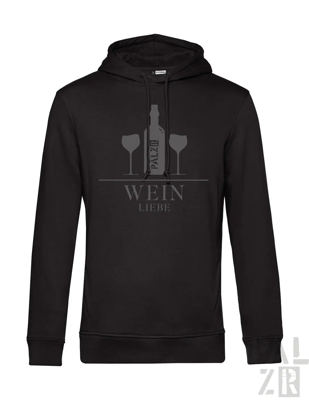 Schwarzer männer hoodie mit grauem weinflaschen und gläser motiv und text wein liebe in verschiedenen farben