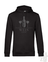 Schwarzer männer hoodie mit grauem weinflaschen und gläser motiv und text wein liebe in verschiedenen farben