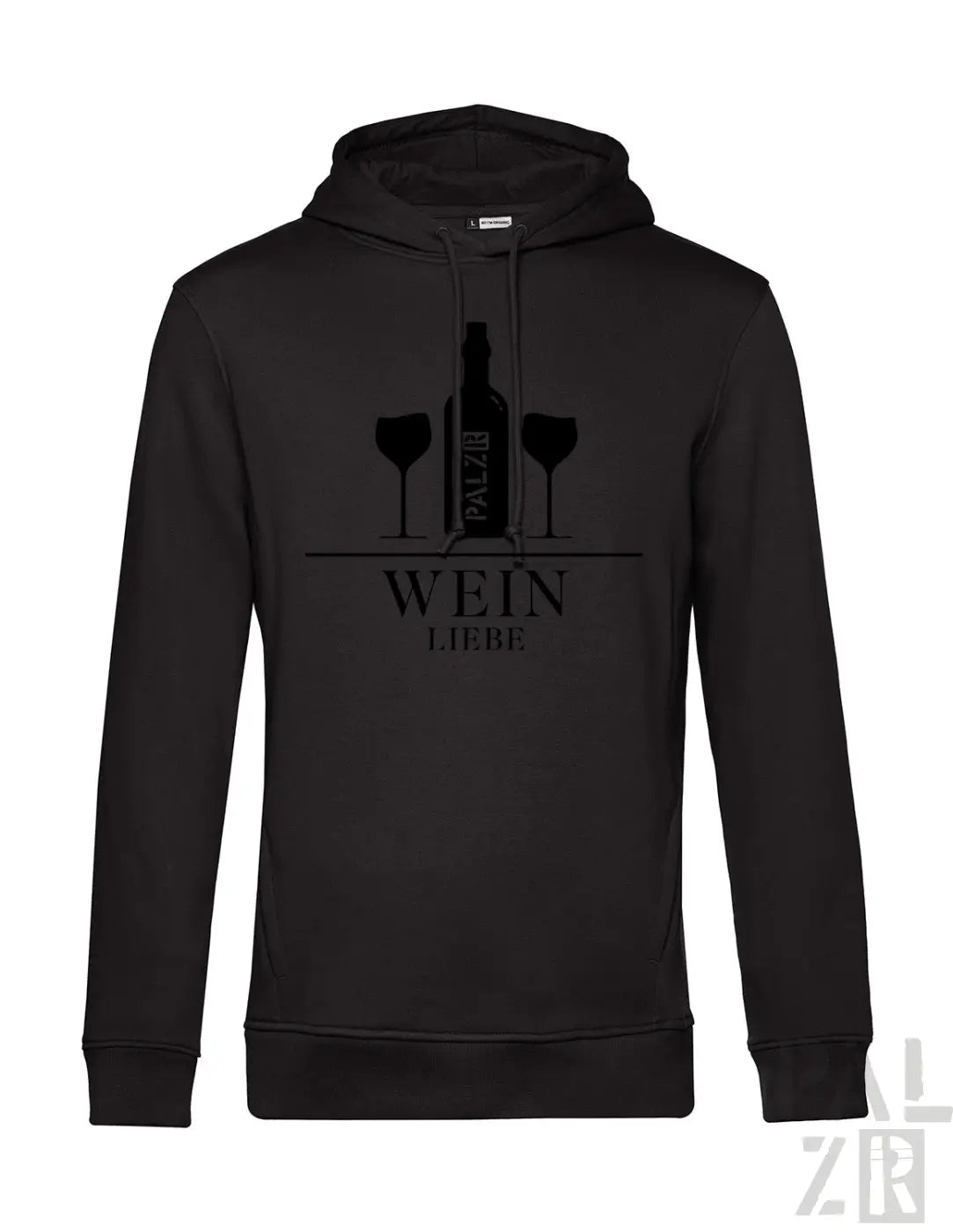 Schwarzer männer hoodie mit schwarzem weinflaschen- und gläser-silhouettenprint und wein liebe text