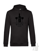 Schwarzer männer hoodie mit schwarzem weinflaschen- und gläser-silhouettenprint und wein liebe text