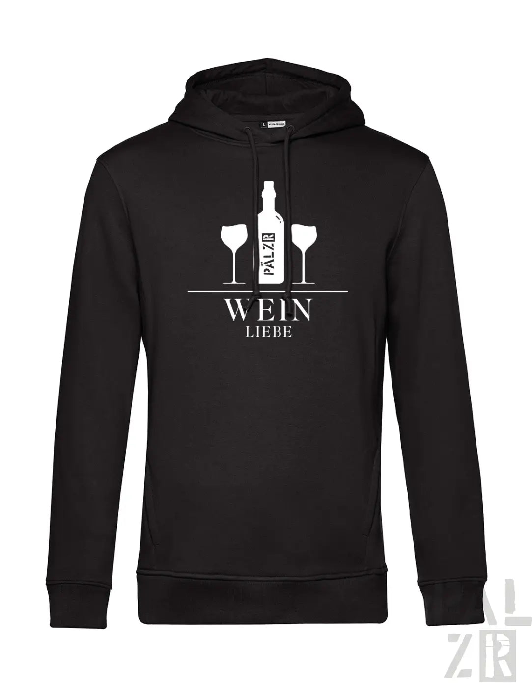 Schwarzer männer hoodie mit weißem weinflaschen und gläser grafik und schriftzug wein liebe in verschiedenen farben