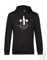 Schwarzer männer hoodie mit weißem weinflaschen und gläser grafik und schriftzug wein liebe in verschiedenen farben