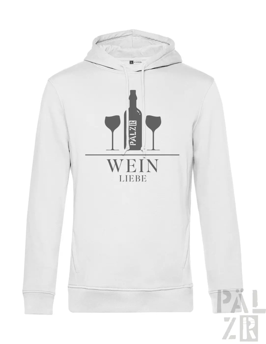 Weißer männer hoodie mit schwarzem weinflaschen- und gläser grafik und text wein liebe in verschiedenen farben