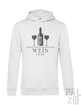 Weißer männer hoodie mit schwarzem weinflaschen- und gläser grafik und text wein liebe in verschiedenen farben