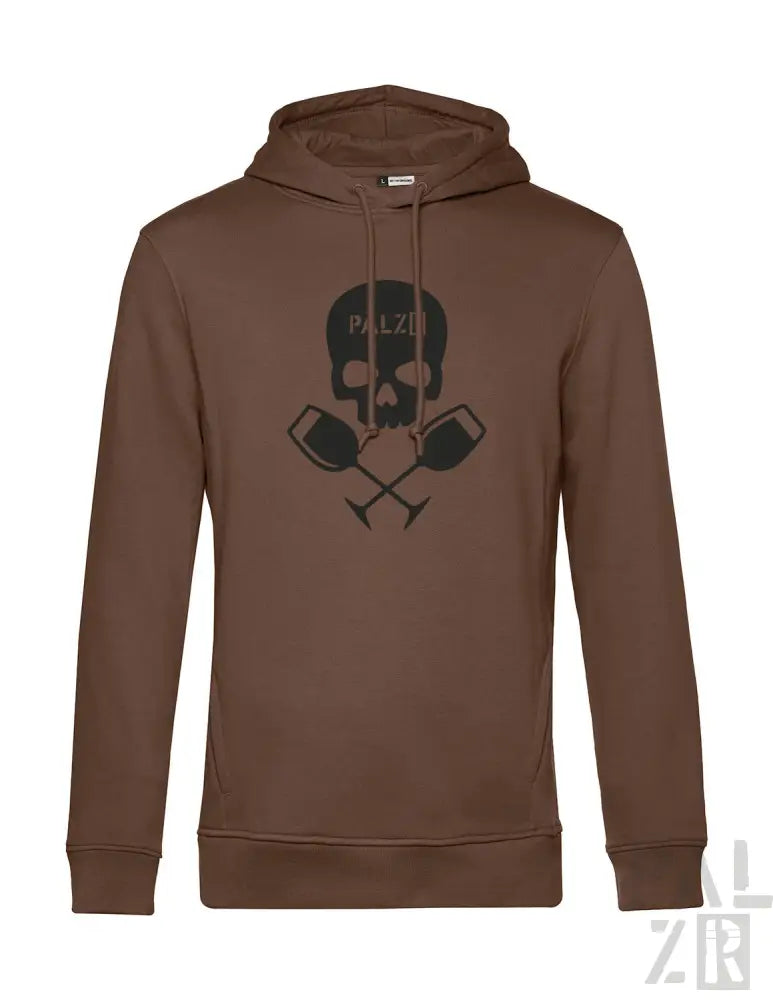 Brauner männer hoodie mit schwarzem totenkopf und gekreuzten weingläsern grafik und palzi text vorne