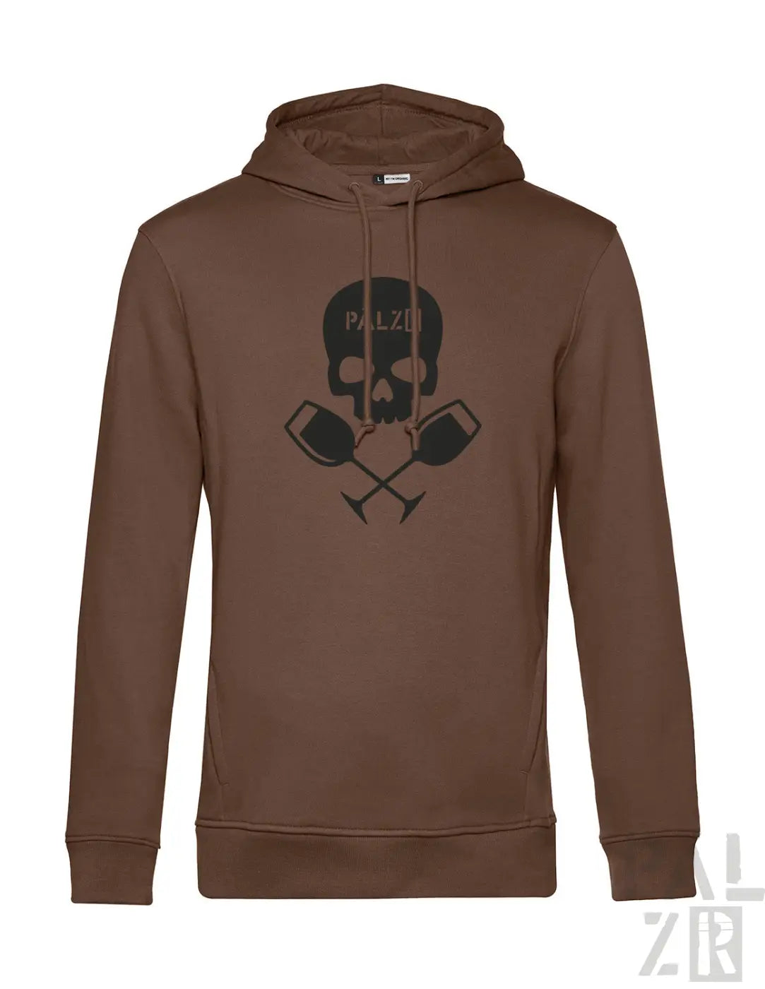Brauner männer hoodie mit schwarzem totenkopf und gekreuzten weingläsern grafik und palzi text vorne