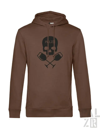 Brauner männer hoodie mit schwarzem totenkopf und gekreuzten weingläsern grafik und palzi text vorne