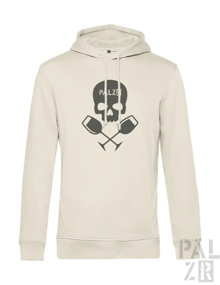 Beiger männer hoodie mit schwarzem totenkopf und gekreuzten weingläsern grafik auf der vorderseite