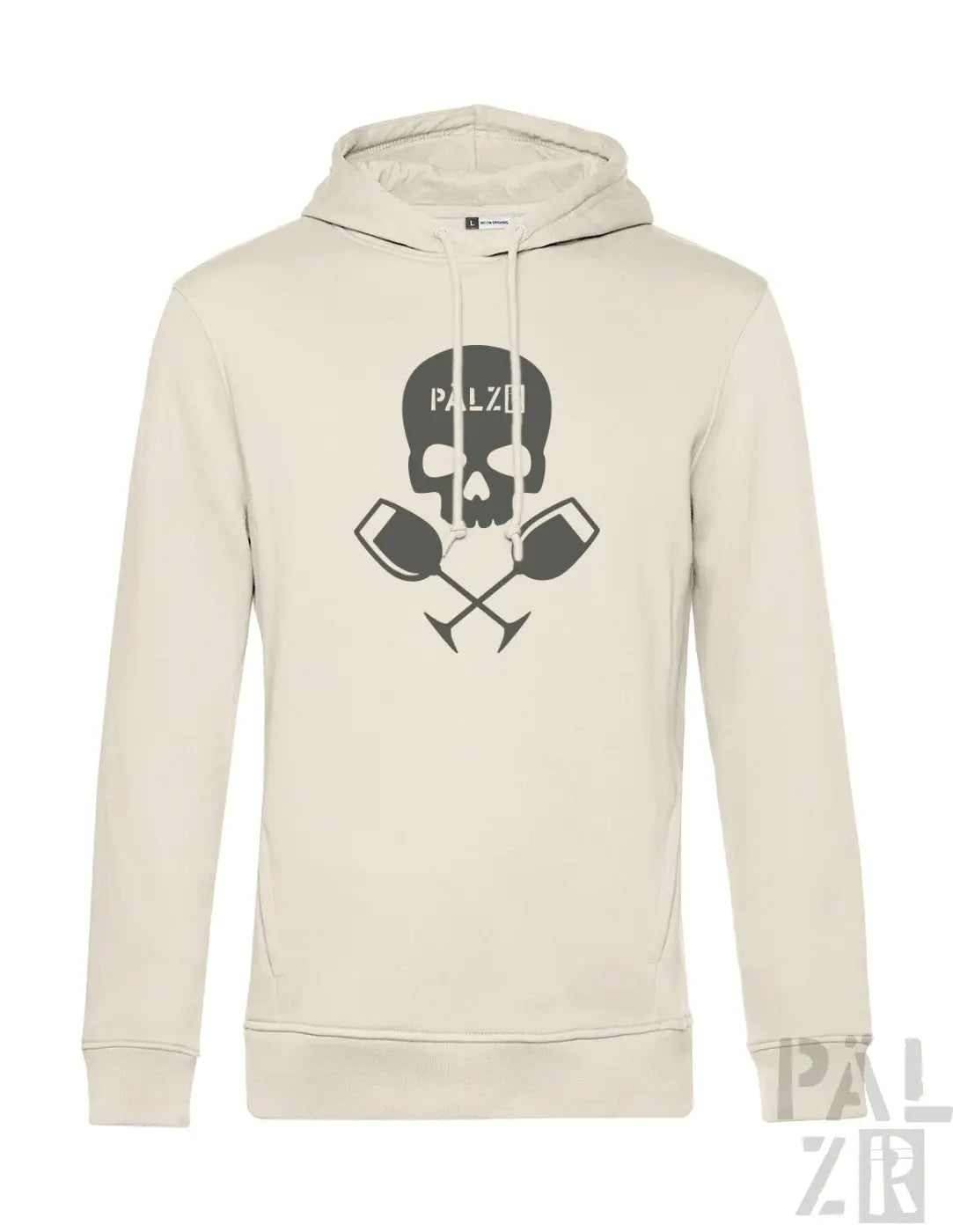 Beiger männer hoodie mit schwarzem totenkopf und gekreuzten weingläsern grafik auf der vorderseite