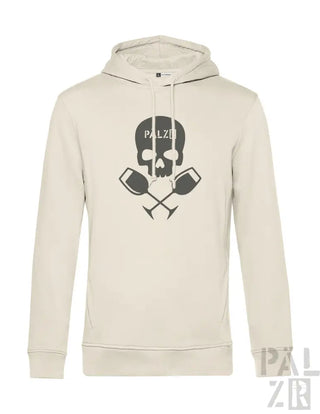Beiger männer hoodie mit schwarzem totenkopf und gekreuzten weingläsern grafik auf der vorderseite