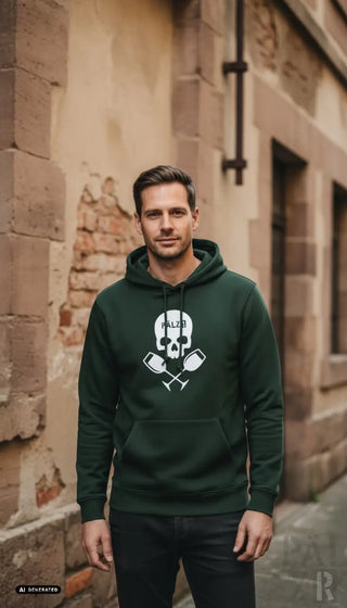 Männer hoodie in dunkelgrün mit weißem totenschädel und gekreuzten weingläsern grafik auf der brust