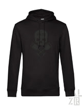 Schwarzer männer hoodie weinpirat mit subtiler verblasster totenkopf und gekreuzte knochen grafik in dunklen tönen