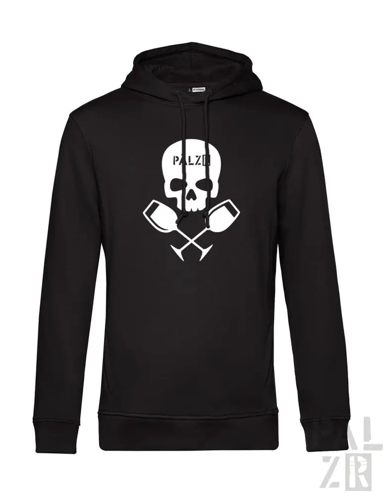 Schwarzer männer hoodie mit weißem schädel weingläser motiv und palz schriftzug vorne in verschiedenen farben