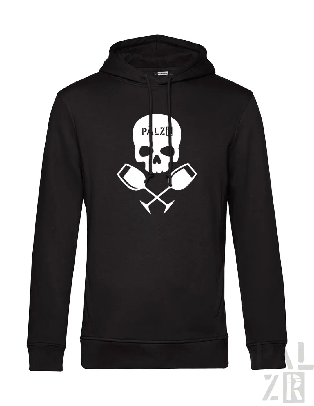 Schwarzer männer hoodie mit weißem schädel weingläser motiv und palz schriftzug vorne in verschiedenen farben