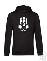 Schwarzer männer hoodie mit weißem schädel weingläser motiv und palz schriftzug vorne in verschiedenen farben