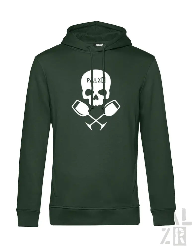 Männer hoodie weinpirat in dunkelgrün mit weißem schädel und gekreuzten weingläsern grafik palz schriftzug