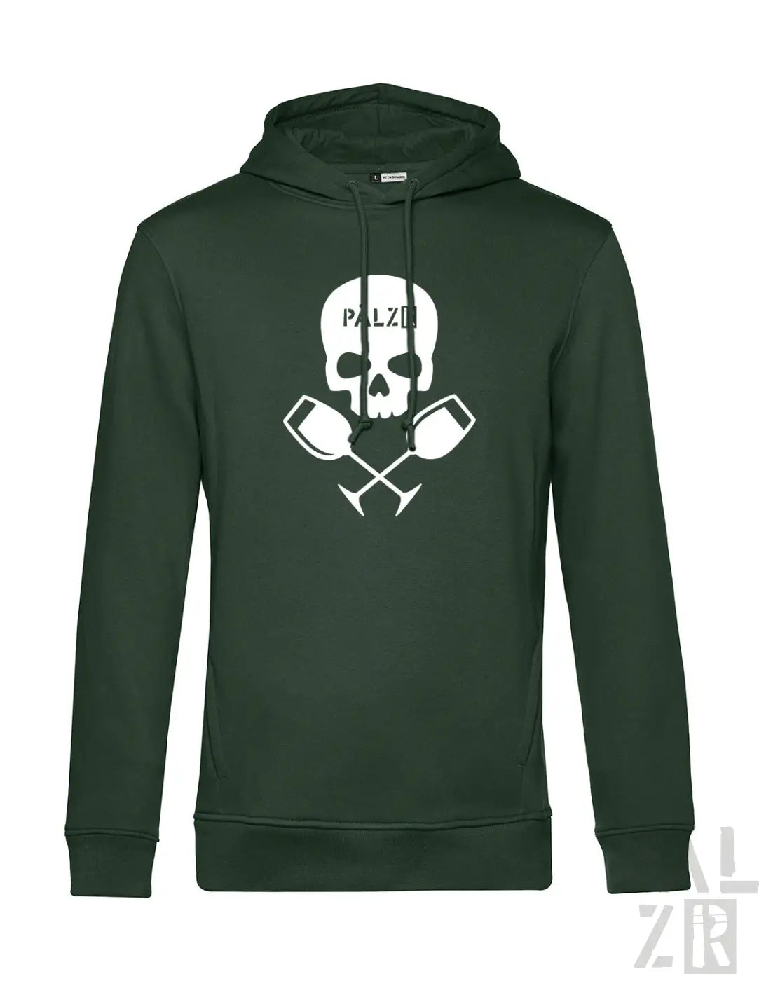 Männer hoodie weinpirat in dunkelgrün mit weißem schädel und gekreuzten weingläsern grafik palz schriftzug